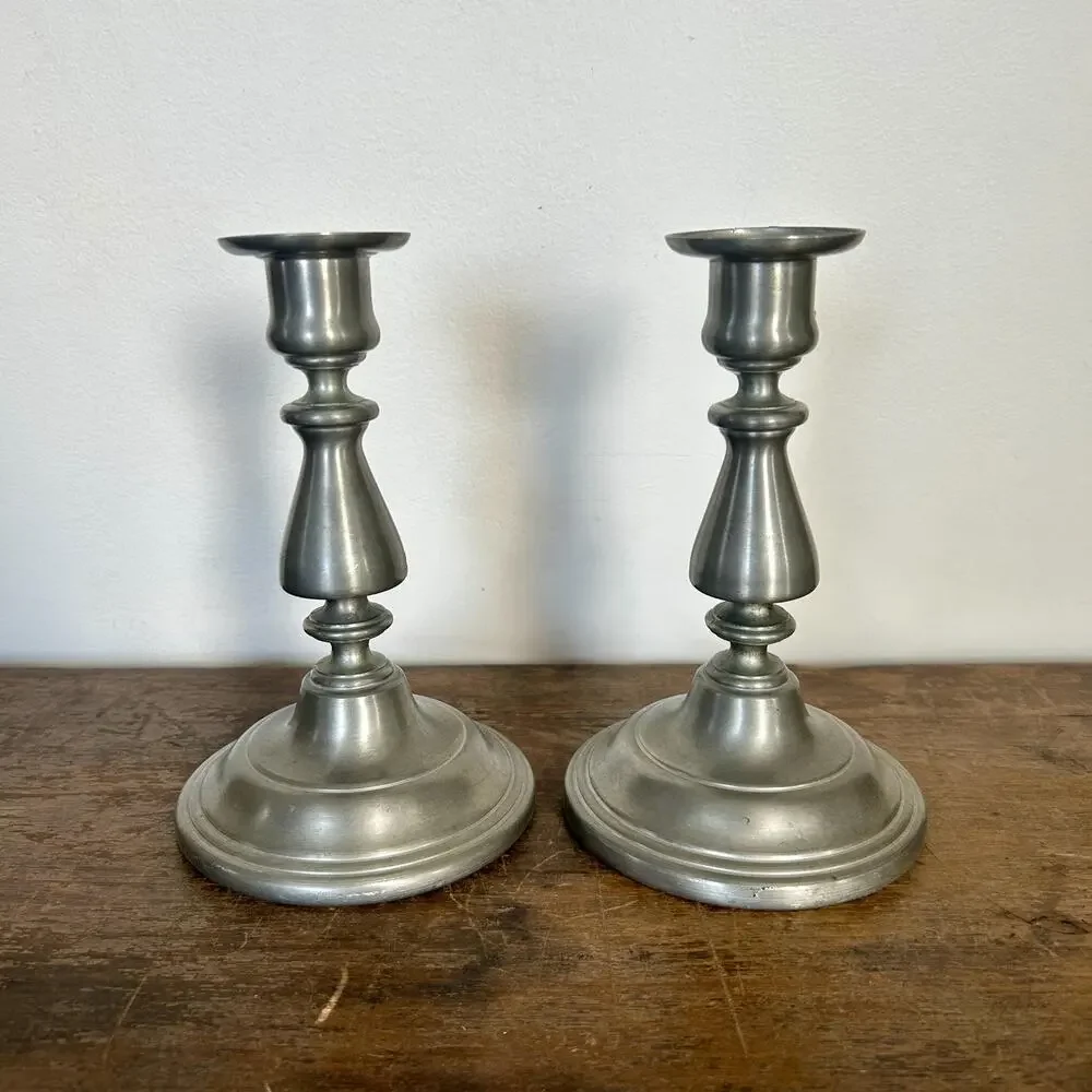 Vintage Pair of Pewter Candlesticks | Cottagecore Colonial Silver Candleholders